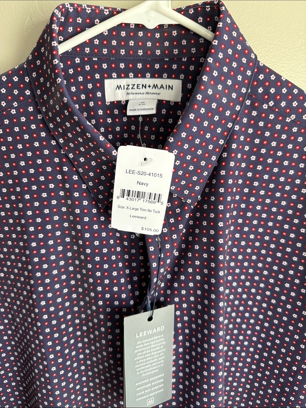 NWT Mizzen+Main Navy Patterned Performance Men’s Shirt (trim fit XL)